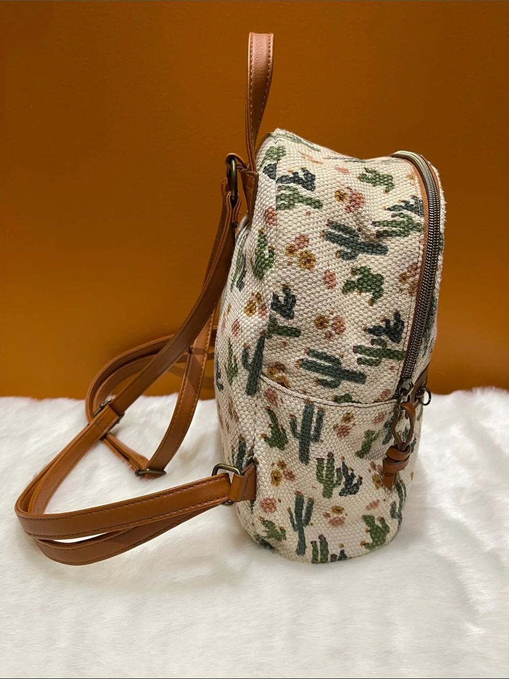 Cactus Print Woven Cotton-blend Mini Backpack - Tan Trim